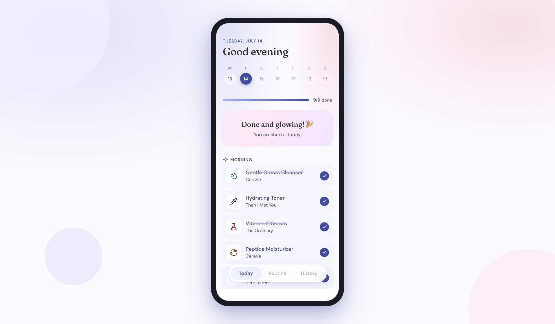 Pielio Today screen — AM/PM routine checklist, fully completed