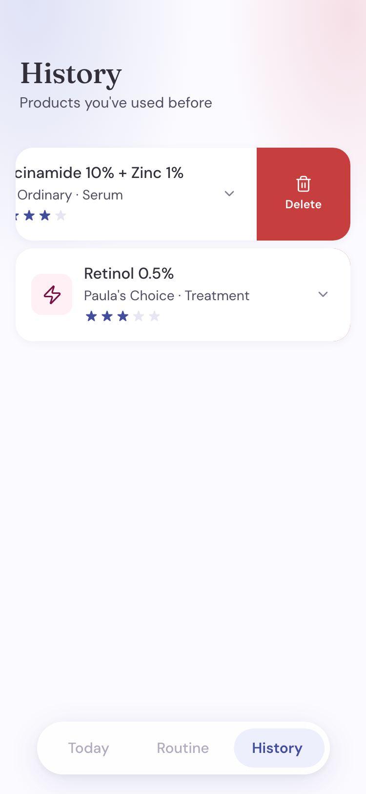 Pielio History screen — swipe left to reveal delete action