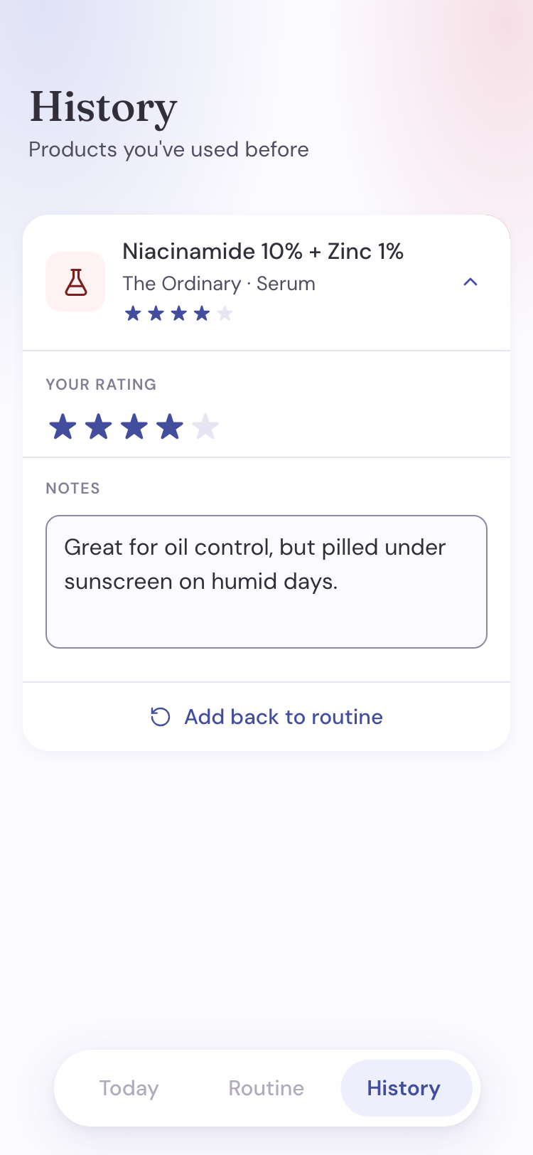 Pielio History screen — product detail with rating and notes