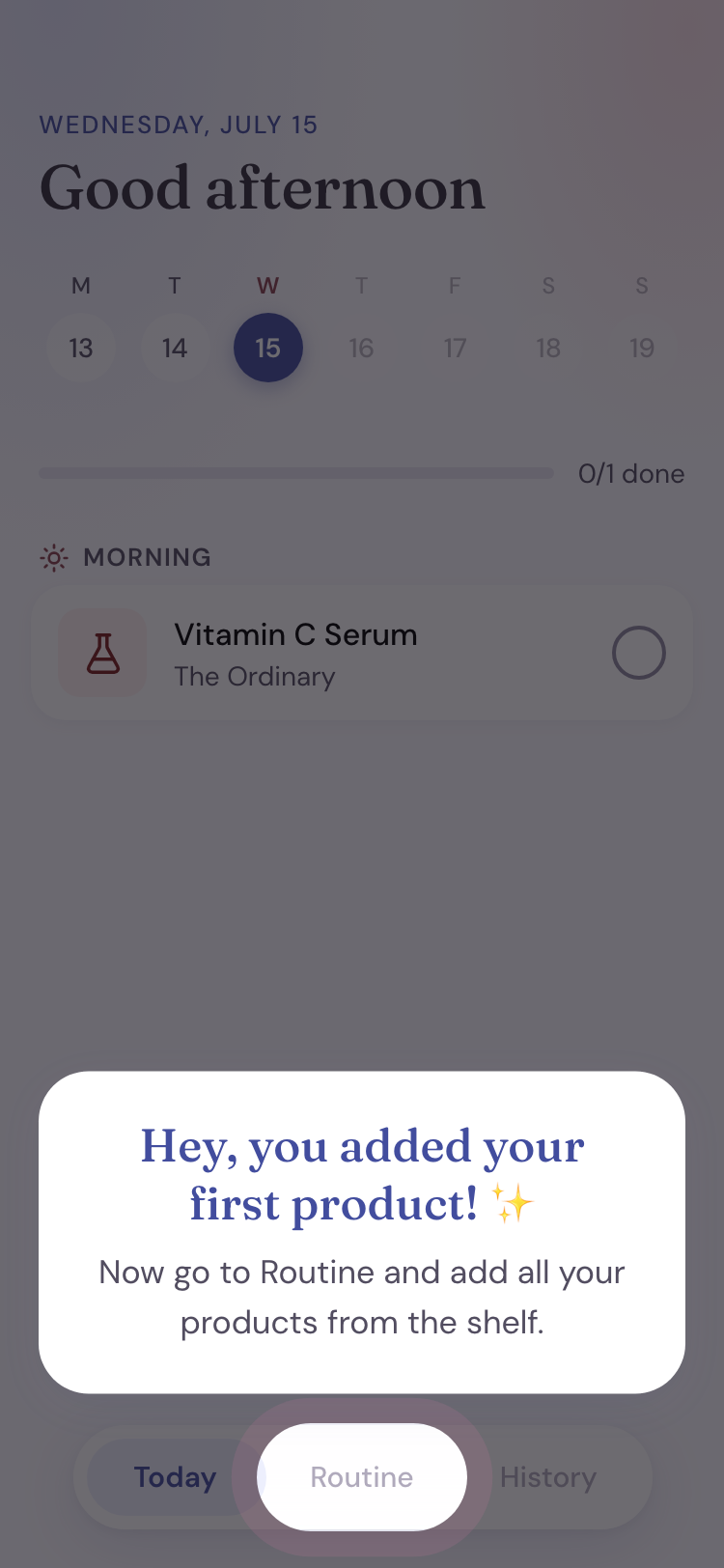 Pielio onboarding — coach-mark pointing at Routine tab