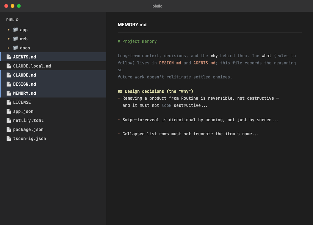 Pielio project MEMORY.md file — the settled removal-vs-deletion design decision written down