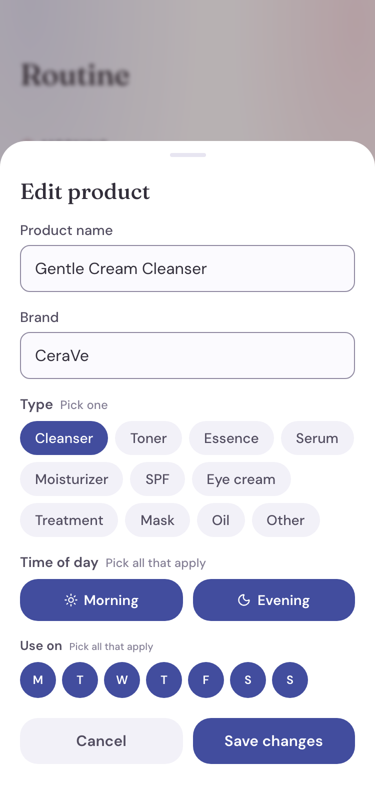 Pielio Routine screen — edit product sheet