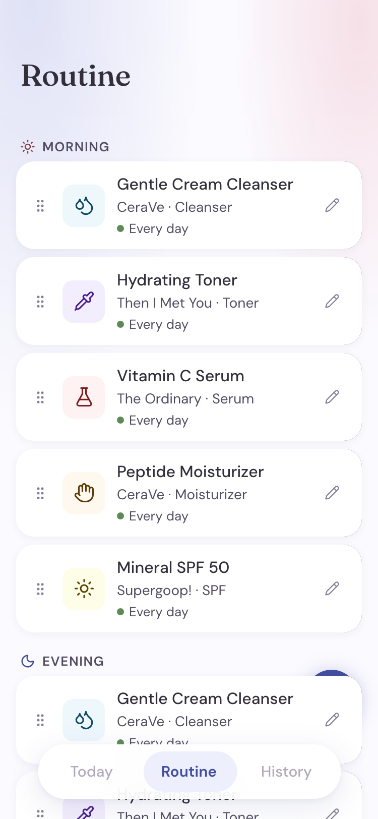 Pielio Routine screen — full product list grouped by morning and evening