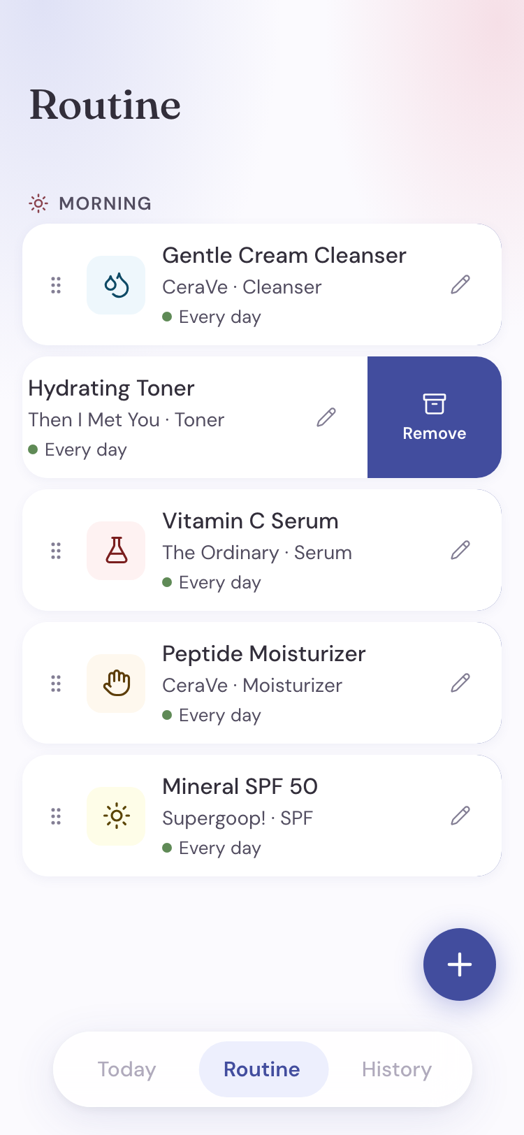 Pielio Routine screen — swipe left to reveal remove action