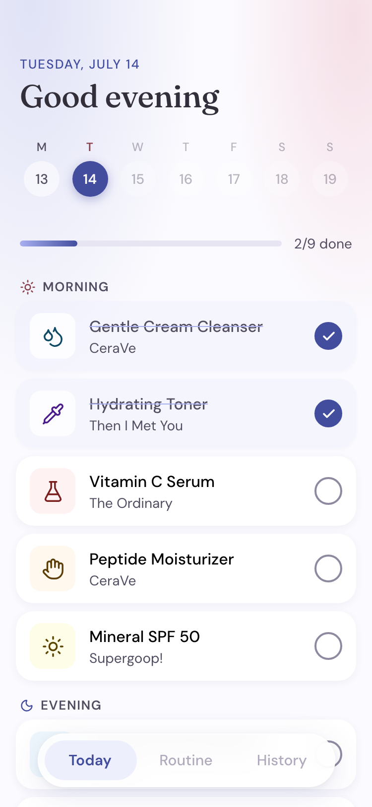 Pielio Today screen — checklist partway through